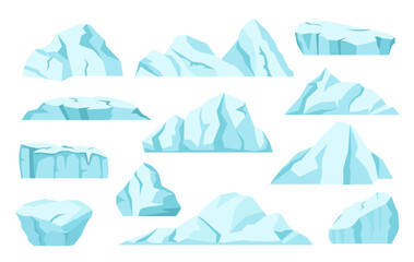 Cartoon icebergs, arctic ice rocks, antarctic glaciers. North pole frozen icy mountain, ice floe, floating iceberg, frozen blocks vector set. Clear aqua frozen pieces isolated on white