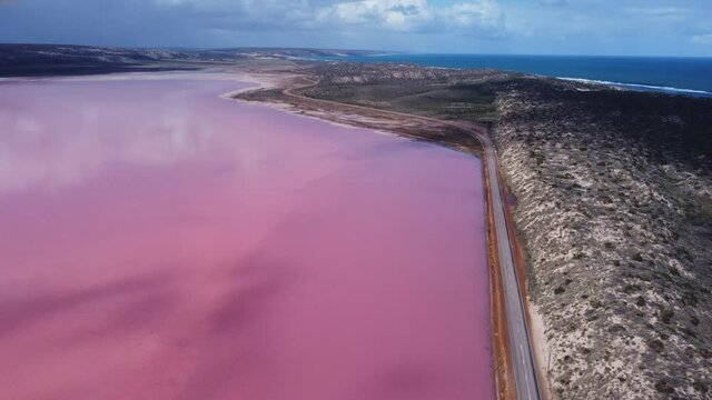 aerial clip, flying backwards and facing south, of the pink waters of hutt lagoon in western australia