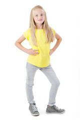 Full length image of a pretty little girl, posing. Isolated on white background 
