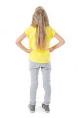 Back view of little girl looking at wall. Rear view. Isolated on white background 
