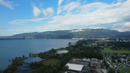 Fototapeta premium City of Bregenz and lake Constance in Austria from above - travel photography by drone