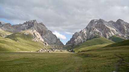 Green field landscape in the mountains