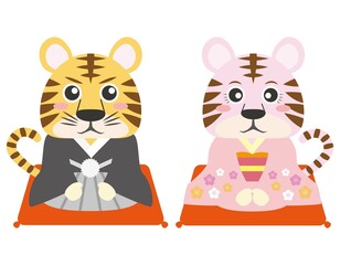 寅08（年賀状などに活用できる着物を着た寅のカップル）