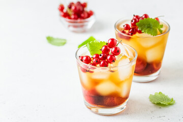 Summer cold refreshing cocktails, berry iced tea in glasses. Space fot text.