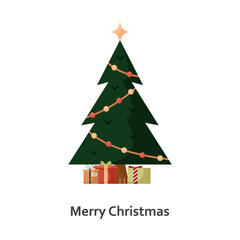 Vector illustration with a Christmas tree and gifts. New Year flat icon