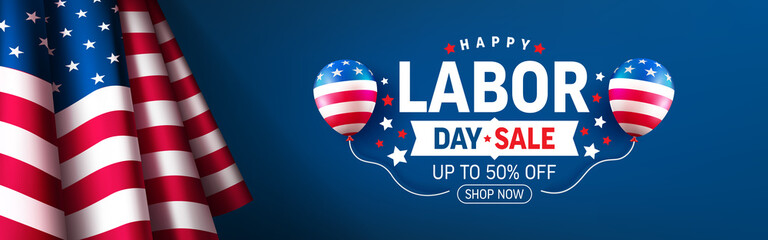 USA Labor Day Banner and poster template.USA labor day celebration with american flag on blue background.Sale promotion advertising banner template for USA Labor Day Brochures,Poster or Banner.