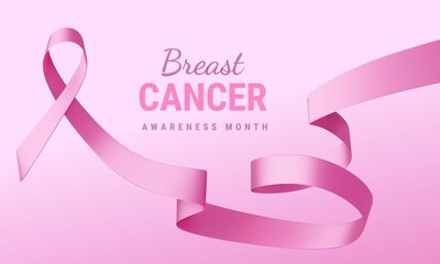 3d illustration of Pink Breast Cancer Awareness Realistic Ribbon with curl and text on Pink Color Background. Design for Poster, Banner, Print. Symbol of Breast Cancer Awareness