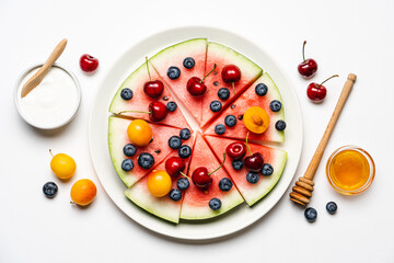 Watermelon pizza with fruits and berries. Healthy summer dessert on white background