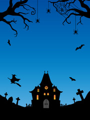 ハロウィン背景　お化け屋敷と魔女