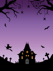 ハロウィン背景　お化け屋敷と魔女