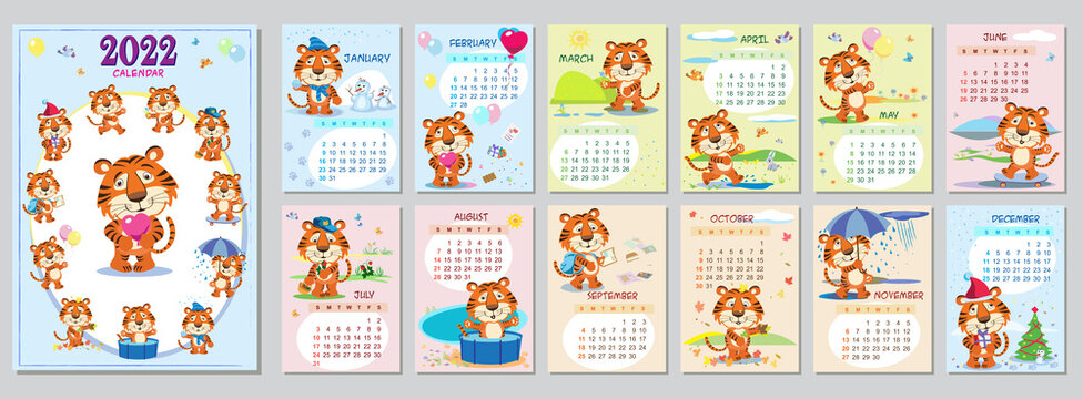Wall calendar cover design template for 2022, year of Tiger according to the Chinese or Eastern calendar. Animal character. Vector illustration. Week start in Sunday. In size A4. For print and design