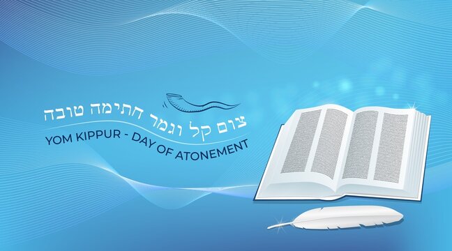 Jewish holiday Yom Kippur, Day of Atonement traditional symbols book, feather quill pen, horn on abstract background. Hebrew Text translation Good final sealing and easy fasting. Vector illustration