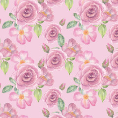 Pink roses seamless pattern background, watercolor hand drawn