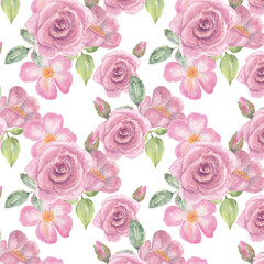 Pink roses seamless pattern background, watercolor hand drawn - 451210531