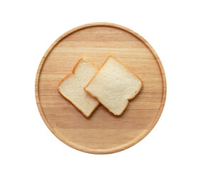 three slices of bread in a wooden tray on a white background