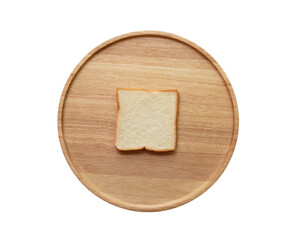Top view, slices of bread in a wooden tray on a white background.