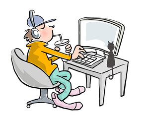 Royalty Free vector illustration people siting in front of computer work at home with cat