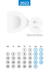 Calendar for December 2022, blue circle design. English language, week starts on Monday.