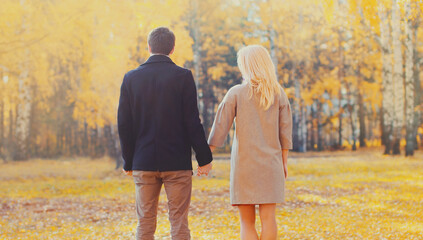 Silhouette back of happy young couple together holding hands walking in warm sunny autumn day, rear view