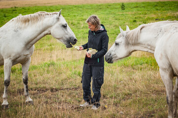 Tourist woman feed white horse from hand on mountains meadow