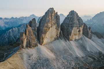 Obraz premium Stunning aerial view of Tre Cime di Lavaredo during sunset, Dolomites, Italy