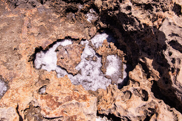 the sea coast in the form of bottom sediments flooded with seawater with the formation of salt patterns and sea lagoons in the form of textures and stone abstractions under water with shadows from the