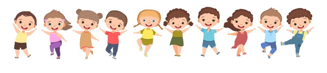 Children dance joy. Happy childhood. Little boys and girls. Kid is jumping for joy at the party. Nice kid. Cartoon style. Isolated on white background. Vector