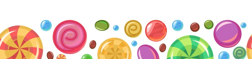 Sweets and scattered. Assorted dessert interspersed. Candy caramel. Seamless. Bottom seamless border. Flat Background illustration. Vector