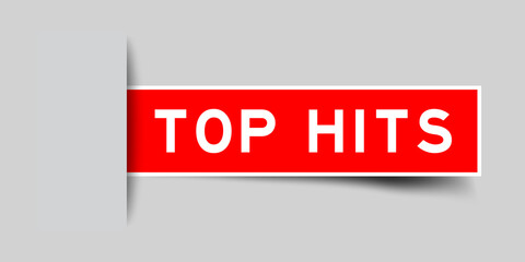 Label sticker red color in word top hits that inserted in gray background © bankrx