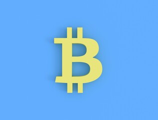 Bitcoin icon on a blue background. Cryptocurrency money sign. Digital money of the future. 3D rendering
