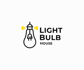 Light bulb shaped lighthouse logo design. Navigation beacon and electrical plug vector design. Electricity and electrician logotype