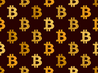 Bitcoin sign seamless pattern in pixel art style. 8-bit Bitcoin sign from pixels in 2d isolated on white background. Cryptocurrency, blockchain. Vector illustration