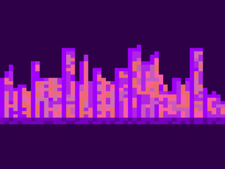 City landscape in the style of pixel art. Retro 8-bit video game of the 90s in 2D. Pixel city night scene. Synthwave and retrowave. Design for t-shirt, banner and poster. Vector illustration