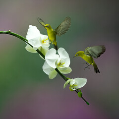 Yellow Colibri Hovering into the flower with colorful bokeh background