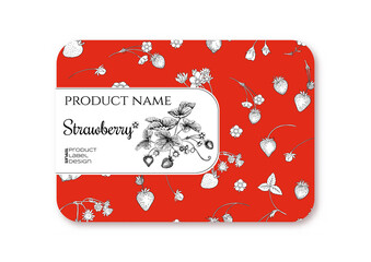 Strawberry. Ripe berries. Template for product label, cosmetic packaging. Easy to edit. Graphic drawing, engraving style. Vector illustration..