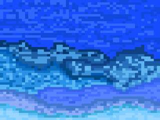 Night hilly landscape in pixel art style. Retro 8-bit video game of the 90s in 2D. Pixel art design for games, apps, banners and posters. Vector illustration