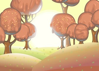 Chocolate trees landscape. Fairy tale garden. Summer fantasy scene. Perspiration. Cartoon style. Sun. Childrens dream isolated illustration. Vector