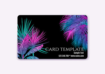 Plastic debit or credit, pass, discount, membership card template with tropical plants in neon color on black background. Vector illustration.