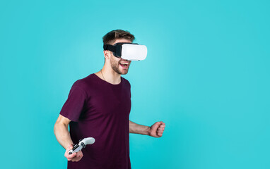 young guy with unshaven face and stylish hair wear wireless vr headset, digital life