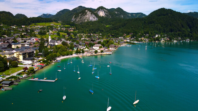 Village of St Gilgen at Lake Wolfgangsee in Austria - travel photography by drone