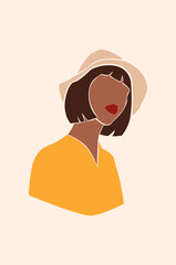 Portrait of faceless woman in beautiful hat. Abstract black girl. African female. Trendy minimal vector illustration isolated