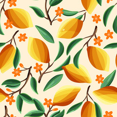 Fototapeta na wymiar Lemons on tree branches, seamless pattern. Tropical summer fruit, on beige background. Abstract colorful hand drawn illustration.