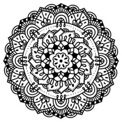 Mandala circular symmetric pattern. Oriental motif. floral decorative round ornament in black outline. Vector illustration isolated on white background. Arabic, Indian print. yoga symbol.