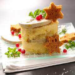 mashed potato with slice of foie gras