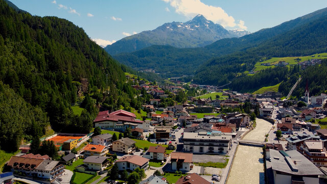 Famous village of Soelden in Austria - Solden from above - travel photography by drone