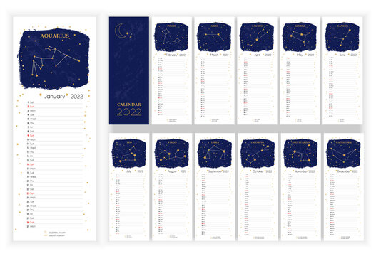 Astrology Wall Monthly Calendar 2022. Vertical  calendar Layout for 2022 year in English with zodiac signs, star, moon on blue sky. Cover Calendar, 12 months templates. Vertical data grids. Vector