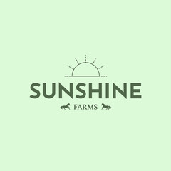Sunshine farms. Logo template with sun and horses icons. Perfect for family farm. Vector