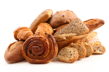 bread and pastries on white background