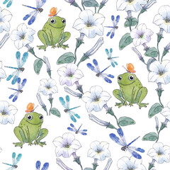 watercolor pattern with frog, flowers and dragonflies © Ikari Ookami