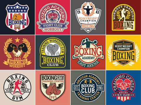 Boxing academy badges and symbols collection  vector set of  different patches for sports wear print  embroidery label sticker